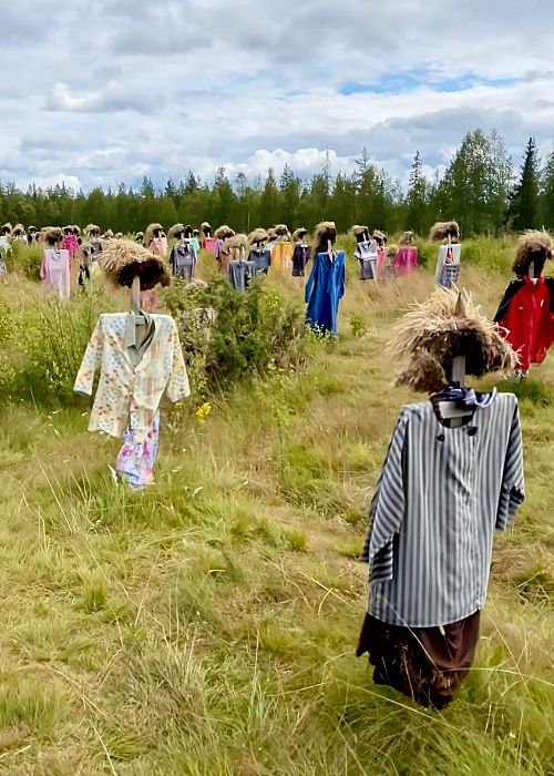 Hiljaisen kansan turvepäisiä hahmoja sadoittain pellolla.