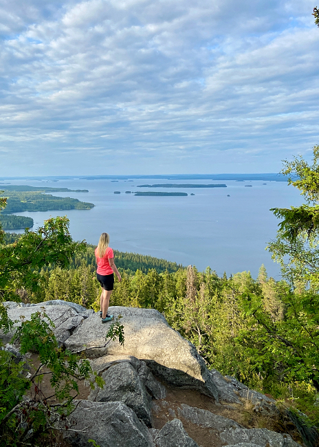 Seisomassa kalliolla Kolin kansallispuiston maisemissa.