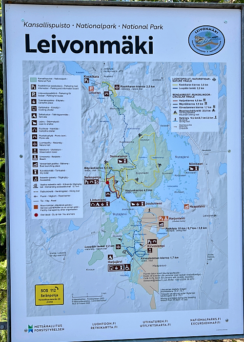 Kartta Leivonmäen kansallispuiston reiteistä.