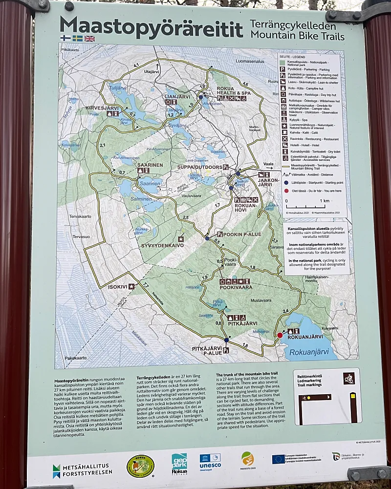 Rokuan kansallispuiston maastopyöräreittien kartta.