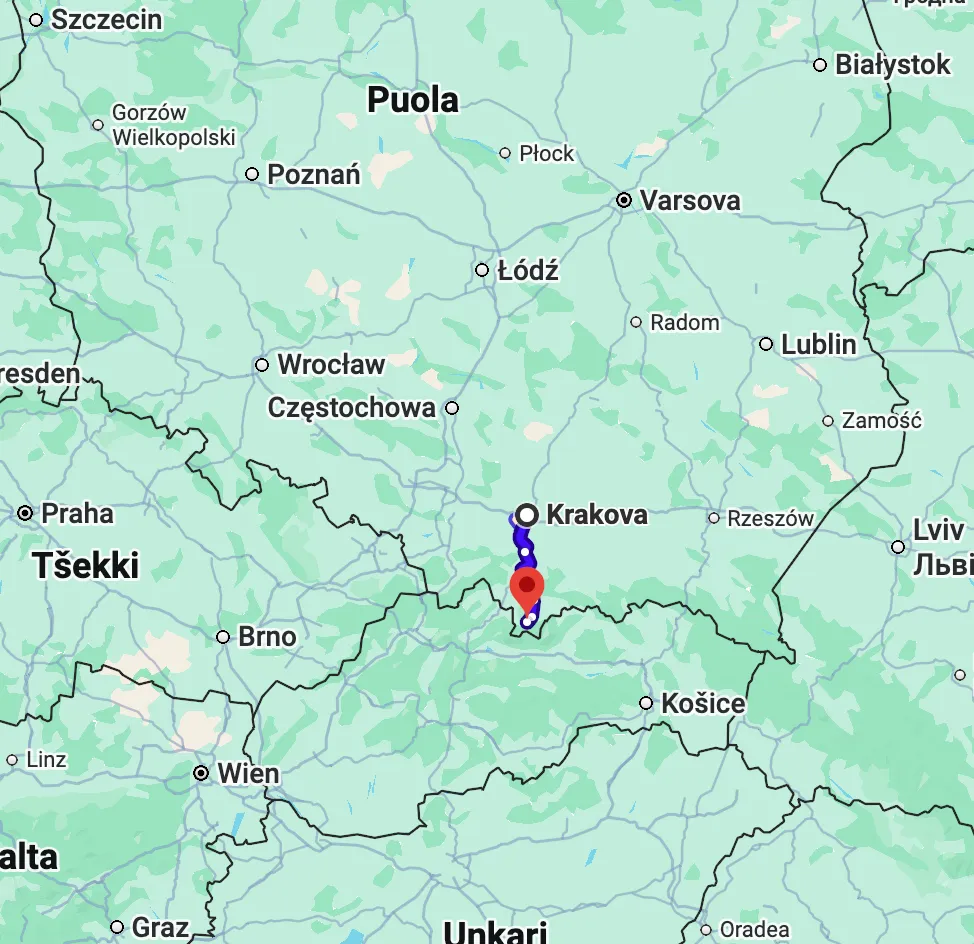 Googlemaps kartta Krakovasta Zakopaneen.